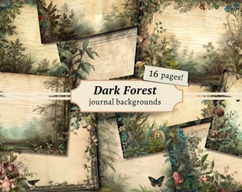 Dark Forest Backgrounds, Digital Junk Journal Kit, Printable Scrapbook Paper, Vintage Collage Sheet, Watercolor Woodland Pages, Nature Trees