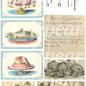 May include: Vintage illustrations of food, kitchenware, and a recipe for sugar gingerbread. The illustrations include a cake, fish, a gelatin mold, a wall rack with kitchen tools, and a set of metal cookware. The recipe includes the text "Sugar Gingerbread. 1 cup of butter. 2 cups of sugar. 1/2 cup of sour milk, 1 teaspoonful of soda..."