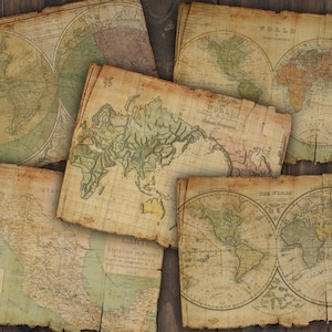 Druckbare Vintage Map Seiten | altes Junk Journal Papier | Journaling Zubehör | Grunge Ephemera | antike Weltkarte | Collagen-Set