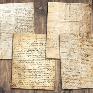 May include: Five pieces of vintage paper with handwritten text in black ink. The paper is aged and has a yellowed, worn appearance. The paper is perfect for scrapbooking, card making, or other craft projects.