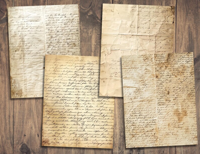 May include: Five pieces of vintage paper with handwritten text in black ink. The paper is aged and has a yellowed, worn appearance. The paper is perfect for scrapbooking, card making, or other craft projects.