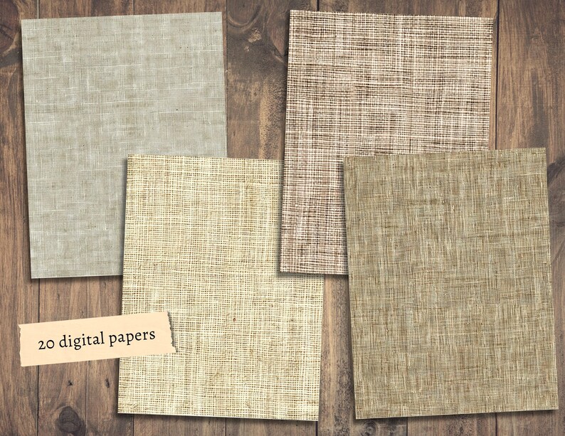 May include: A set of 20 digital papers featuring various textures of burlap and linen. The papers are in shades of beige, brown, and white.