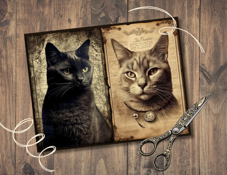 Mystic Cat Junk Journal Pages, Digital Scrapbook Paper Kit, Witchy Printable, Witchcraft Collage Sheet, Vintage Ephemera, Black Cat Download image 4