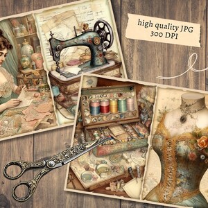 Peut inclure: Collage vintage sur le th&egrave;me de la couture avec une femme cousant, une machine &agrave; coudre ancienne, une bo&icirc;te en bois remplie de bobines de fil et un mannequin portant un corset vintage. L'image a une esth&eacute;tique rustique et antique.