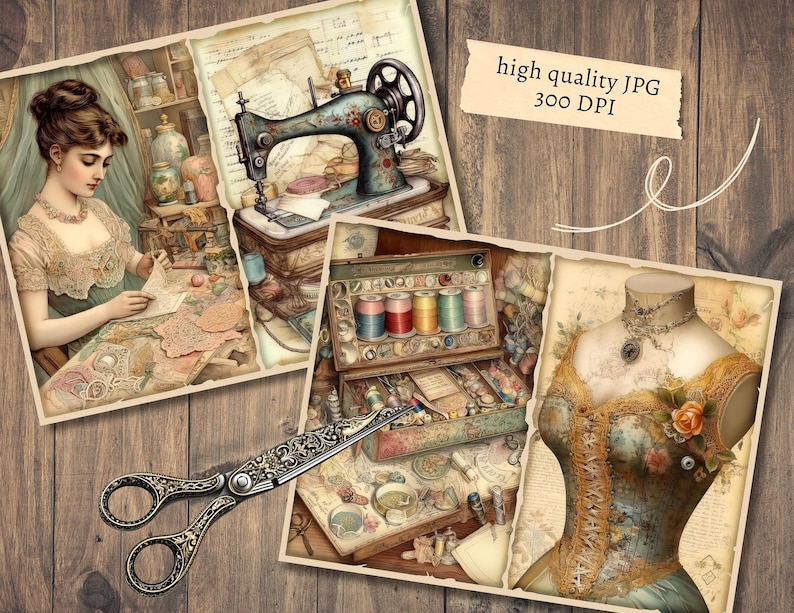 Peut inclure: Collage vintage sur le th&egrave;me de la couture avec une femme cousant, une machine &agrave; coudre ancienne, une bo&icirc;te en bois remplie de bobines de fil et un mannequin portant un corset vintage. L'image a une esth&eacute;tique rustique et antique.