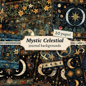 Celestial Backgrounds, Mystic Moon Junk Journal Pages, Digital Scrapbook Paper Kit, Sacred Pagan Printable, Collage Sheet, Green Witch BOS