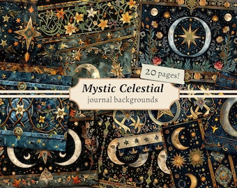 Celestial Backgrounds, Mystic Moon Junk Journal Pages, Digital Scrapbook Paper Kit, Sacred Pagan Printable, Collage Sheet, Green Witch BOS