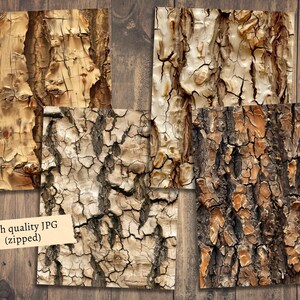 May include: Four close-up images of different types of tree bark. The bark textures range from light brown to dark brown with various shades of gray. The bark is cracked and weathered.