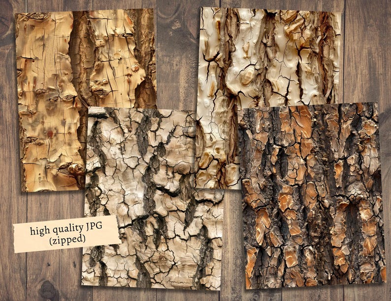 May include: Four close-up images of different types of tree bark. The bark textures range from light brown to dark brown with various shades of gray. The bark is cracked and weathered.