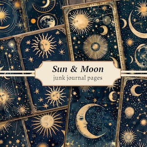 Sonne & Mond Junk Journal Seiten, Digitales Scrapbook Papier Kit, Celestial Printable, Vintage Astronomie Collage Sheet, mystischer Stern Download