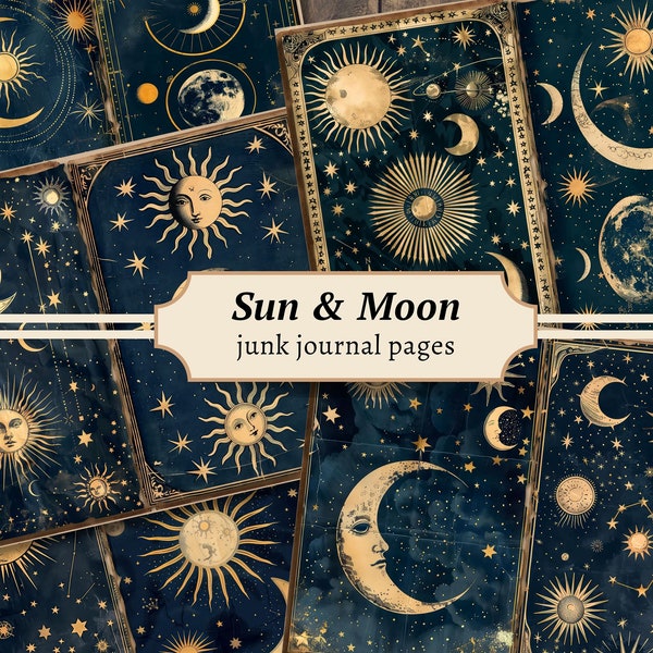 Sun & Moon Junk Journal Pages, Digital Scrapbook Paper Kit, Celestial Printable, Vintage Astronomy Collage Sheet, Mystical Star Download