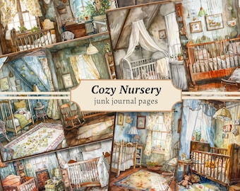 Cozy Nursery Junk Journal Pages, Digital Scrapbook Paper Kit, Newborn Baby Printable, Watercolor ATC, Floral Collage Sheet, Vintage Ephemera
