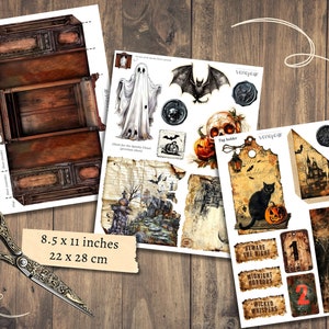 K&ouml;nnte beinhalten: Druckbarer digitaler Halloween-Papierpack mit gruseligen Bildern, darunter ein Geist, eine Fledermaus, ein Sch&auml;del, eine schwarze Katze, ein Spukhaus und ein K&uuml;rbis. Der Papierpack ist 8,5 x 11 Zoll (22 x 28 cm) gro&szlig;.