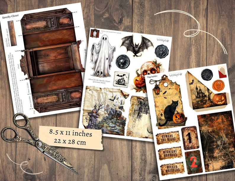 K&ouml;nnte beinhalten: Druckbarer digitaler Halloween-Papierpack mit gruseligen Bildern, darunter ein Geist, eine Fledermaus, ein Sch&auml;del, eine schwarze Katze, ein Spukhaus und ein K&uuml;rbis. Der Papierpack ist 8,5 x 11 Zoll (22 x 28 cm) gro&szlig;.