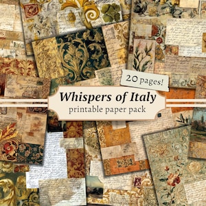Afdrukbaar papierpakket Whispers of Italy, sierlijke ongewenste dagboekpagina, digitale plakboekachtergrond, textuurkit schrijven, vintage collageblad