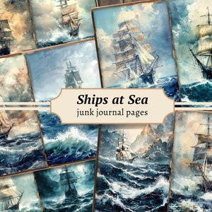 Pagine di diario di Ships at Sea Junk, kit di carta per album digitale, stampabile nautico, foglio di collage costiero, download di oceani vintage, ATC marittimo