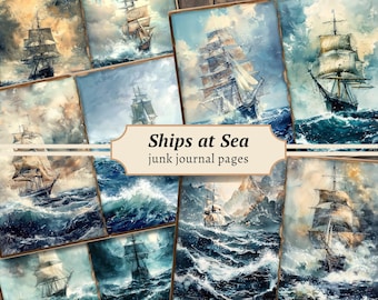 Ships at Sea Junk Journal Pages, Digital Scrapbook Paper Kit, Nautical Printable, Coastal Collage Sheet, Vintage Ocean Download, Marine ATC