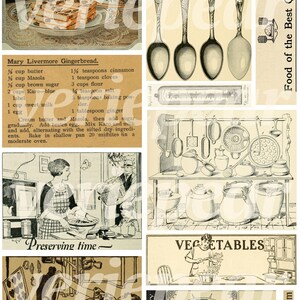 May include: A vintage collage of images featuring kitchen scenes, recipes, and kitchenware. The collage includes images of a gingerbread recipe, a woman preserving food, a woman preparing vegetables, and a variety of kitchen utensils. The text "Food of the Best Quality" is visible in the top right corner.