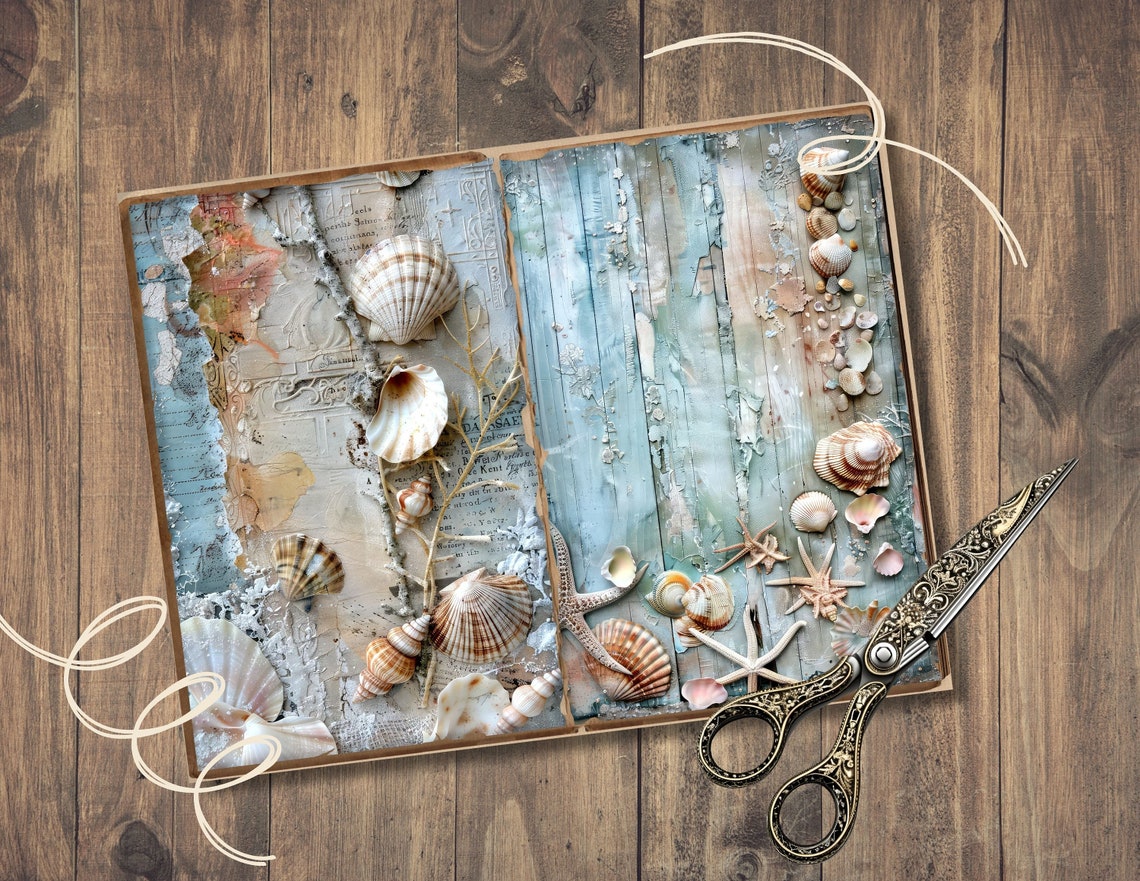 Junk Shells Shabby Shells Junk Journal Pages, Digital Scrapbook Paper Kit, Coastal ...