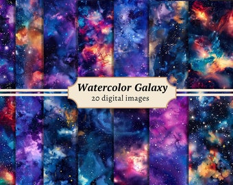 Watercolor Galaxy Digital Papers, Starry Space Background, Cosmic Scrapbook Pages, Night Sky Printable, Stardust Planets Journal Download