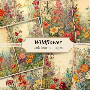Pages de journal indésirable fleurs sauvages, feuille de collage numérique, kit de scrapbooking imprimable, éphémères vintage, téléchargement printanier aquarelle, papier fleuri