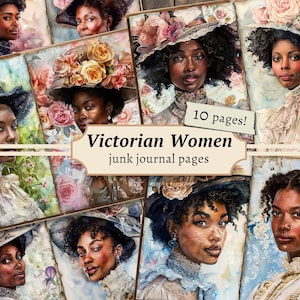 Pagine di diario di donne nere vittoriane, kit di carta per album digitali, stampabile afroamericano, foglio di collage vintage, download di effimeri