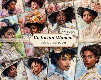 Pagine di diario di donne nere vittoriane, kit di carta per album digitali, stampabile afroamericano, foglio di collage vintage, download di effimeri