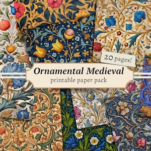 Ornamental Medieval Papers, Junk Journal Page, Digital Scrapbook Background, Illuminated Manuscript Printable, Vintage Collage Sheet Pattern
