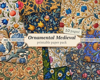 Ornamental Medieval Papers, Junk Journal Page, Digital Scrapbook Background, Illuminated Manuscript Printable, Vintage Collage Sheet Pattern