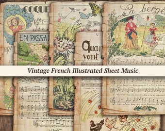 Vintage French Illustrated Sheet Music | junk journal pages, digital scrapbook paper kit, printable collage sheet, old journaling ephemera