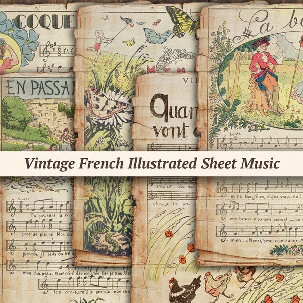 Vintage French Illustrated Sheet Music | junk journal pages, digital scrapbook paper kit, printable collage sheet, old journaling ephemera