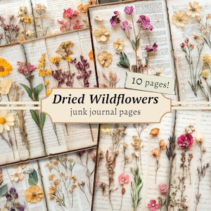Páginas de diário de flores silvestres secas, álbum de recortes digital de flores, kit de papel floral, cartão botânico para impressão, itens vintage, folha de colagem