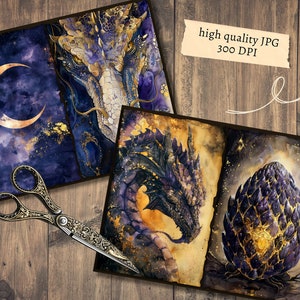 May include: Three digital art prints featuring a dragon with gold and purple scales. The first print shows a dragon's head with a crescent moon in the background. The second print shows a dragon's head with a golden background. The third print shows a dragon egg with a golden glow.