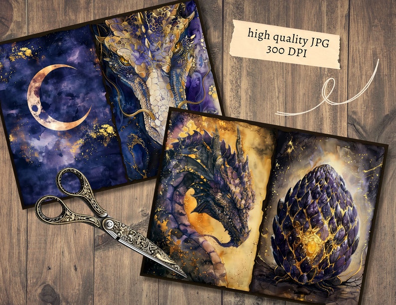 May include: Three digital art prints featuring a dragon with gold and purple scales. The first print shows a dragon's head with a crescent moon in the background. The second print shows a dragon's head with a golden background. The third print shows a dragon egg with a golden glow.