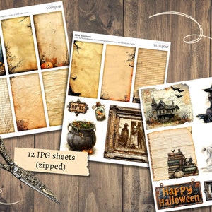 K&ouml;nnte beinhalten: Zw&ouml;lf digitale Papiervorlagen mit Halloween-Thema. Die Vorlagen zeigen Vintage-Papiertexturen, ein Spukhaus, eine Hexe, ein Gespenst, einen Kessel und einen K&uuml;rbis. Die Vorlagen sind mit "Mini Notebook" und "Notes" beschriftet.