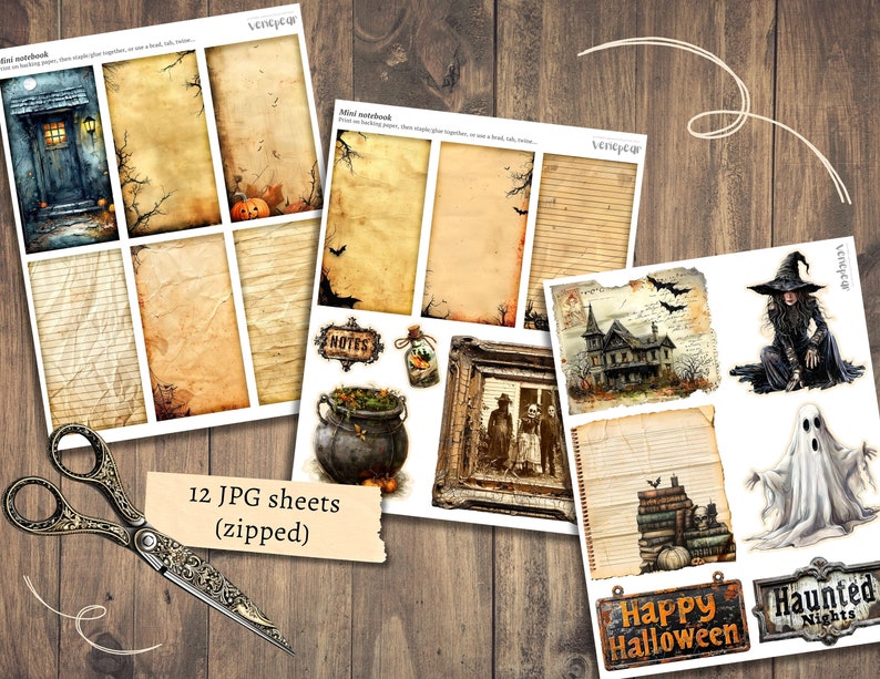 K&ouml;nnte beinhalten: Zw&ouml;lf digitale Papiervorlagen mit Halloween-Thema. Die Vorlagen zeigen Vintage-Papiertexturen, ein Spukhaus, eine Hexe, ein Gespenst, einen Kessel und einen K&uuml;rbis. Die Vorlagen sind mit "Mini Notebook" und "Notes" beschriftet.