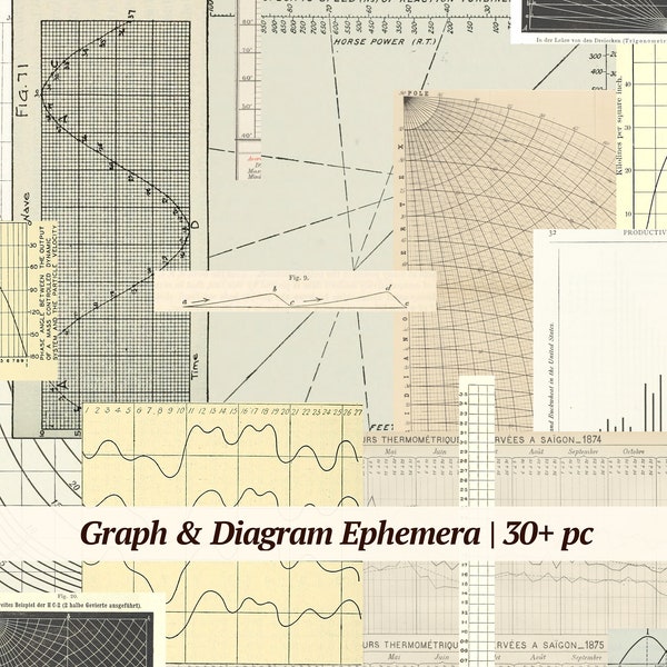 Graphiques et diagrammes vintage éphémères | Plus de 30 pièces | Fourniture de journaux indésirables imprimables, graphiques de journalisation numérique, numéros de feuilles de collage, papier de scrapbooking