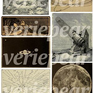 以下が含まれることがあります： ヴィンテージの天文学イラストのコレクション。画像には、風景の上の月の描写、惑星軌道の図、望遠鏡、土星の眺め、星図、月の表面の詳細なビューが含まれています。