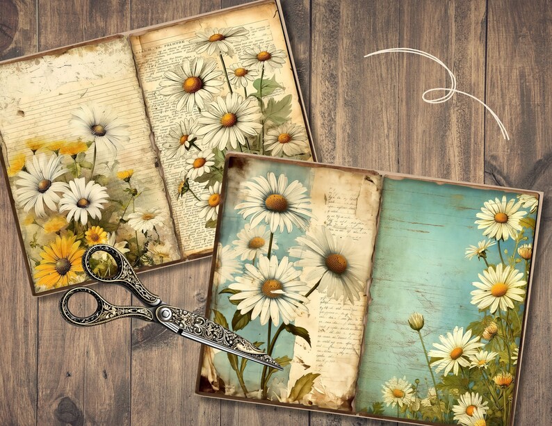May include: Two open vintage journals with pages filled with handwritten text and illustrations of white daisies. The journals are on a rustic wooden surface with a pair of antique scissors.