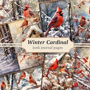 Pages de journal indésirable cardinal d'hiver, kit de papier de scrapbooking numérique, oiseau enneigé imprimable, feuille de collage de Noël, téléchargement éphémère vintage