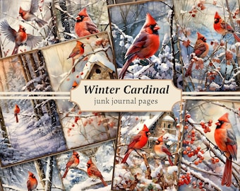 May include: A collage of digital paper featuring winter scenes with red cardinals perched on branches covered in snow. The paper is titled "Winter Cardinal junk journal pages".