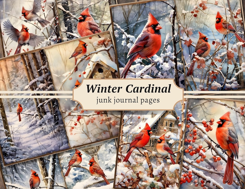 Winter Cardinal Junk Journal Pages, Digital Scrapbook Paper Kit, Snowy ...