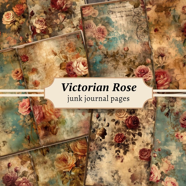 Victorian Rose Junk Journal Pages, Digital Scrapbook Paper Kit, Antique Wallpaper Printable, Flower Collage Sheet, Shabby Vintage Ephemera