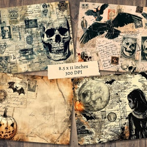 May include: A digital collage featuring a variety of Halloween-themed images, including skulls, bats, a jack-o'-lantern, and a full moon. The background is a distressed, vintage-style paper with handwritten text and old postage stamps.