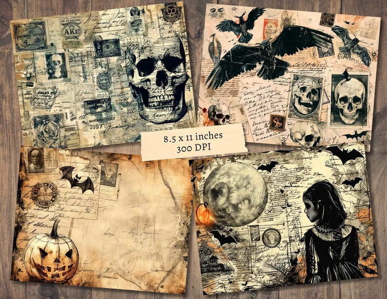 May include: A digital collage featuring a variety of Halloween-themed images, including skulls, bats, a jack-o'-lantern, and a full moon. The background is a distressed, vintage-style paper with handwritten text and old postage stamps.