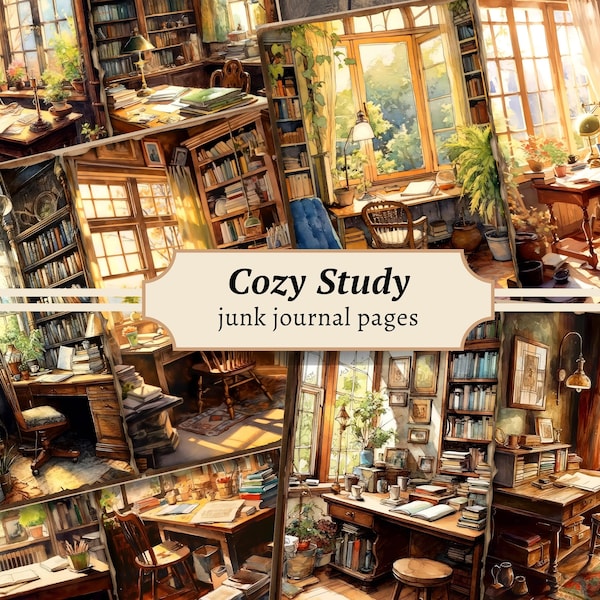 Cozy Study Junk Journal Pages, Digital Scrapbook Paper Kit, Reading Nook Printable, Vintage Books Collage Sheet, Academia Ephemera Download