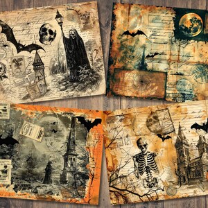 May include: Four vintage Halloween themed scrapbook paper designs. Each sheet features a different spooky scene with bats, skulls, a skeleton, a haunted house, and a full moon. The paper has a distressed, aged look with handwritten text and stamps.
