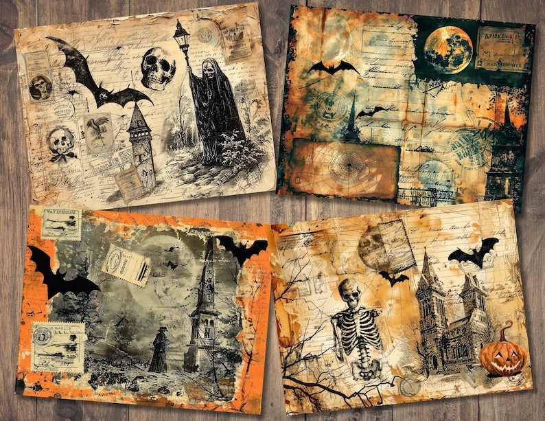 May include: Four vintage Halloween themed scrapbook paper designs. Each sheet features a different spooky scene with bats, skulls, a skeleton, a haunted house, and a full moon. The paper has a distressed, aged look with handwritten text and stamps.