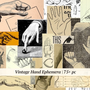 Vintage handephemera | 75+ stuks | wijzende hand clipart, afdrukbare Victoriaanse junk-dagboekenset, digitale plakboekafbeeldingen, palmcollageblad