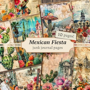 Mexican Fiesta Junk Journal Pages, carta scrapbook digitale, Messico stampabile, foglio collage floreale, oggetti effimeri vintage, carte cactus colorate